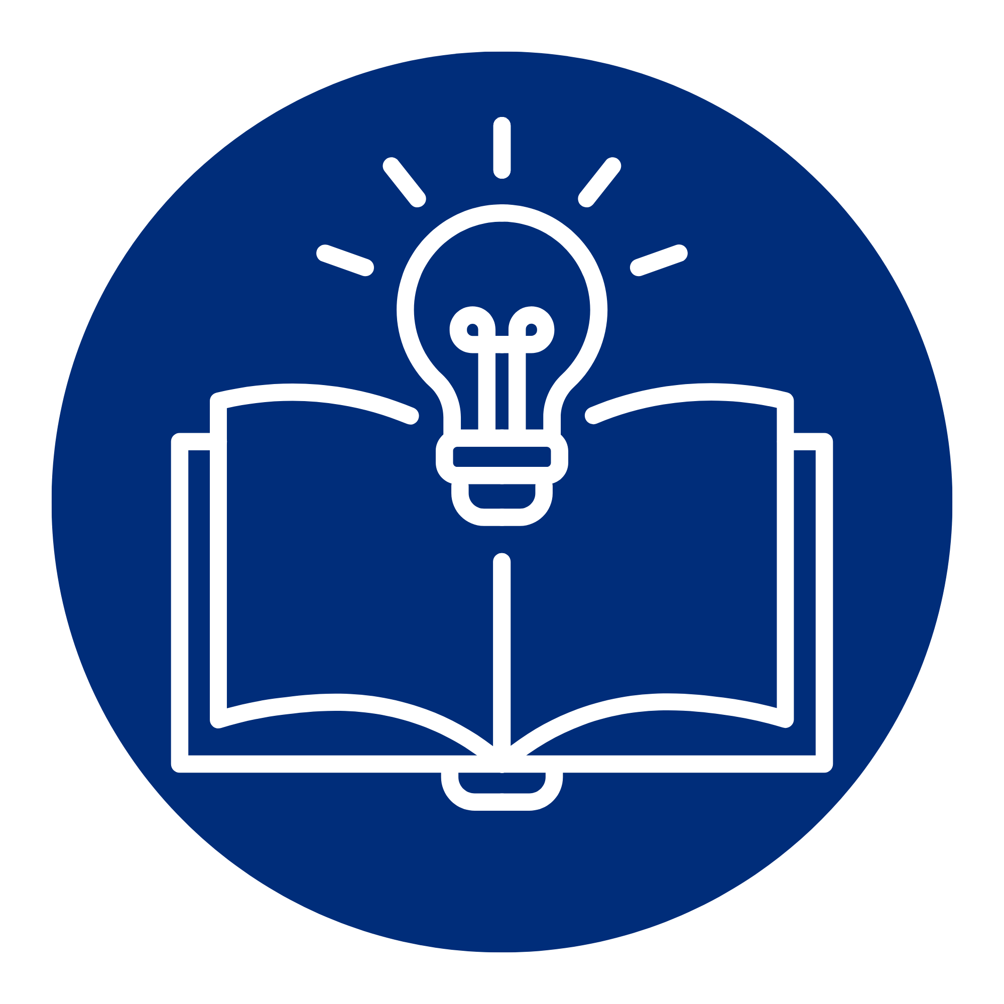 Icon of a lightbulb inside a blue circle, with a background of a book and a bookcase.