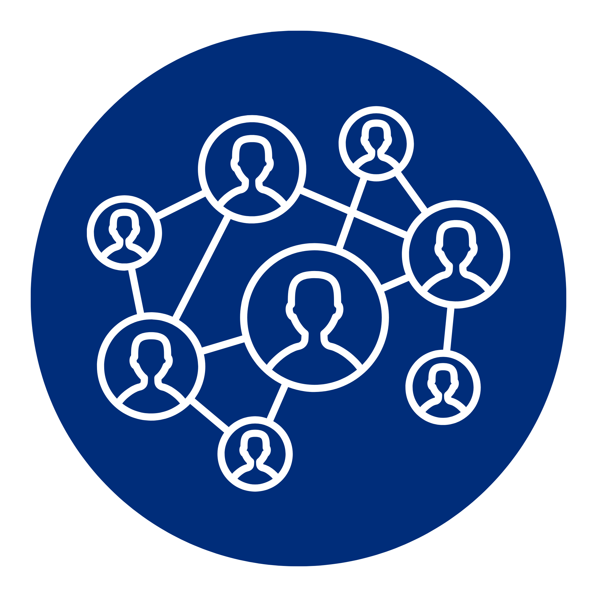 Blueprint-style illustration of a network of interconnected human icons on a dark blue circular background.
