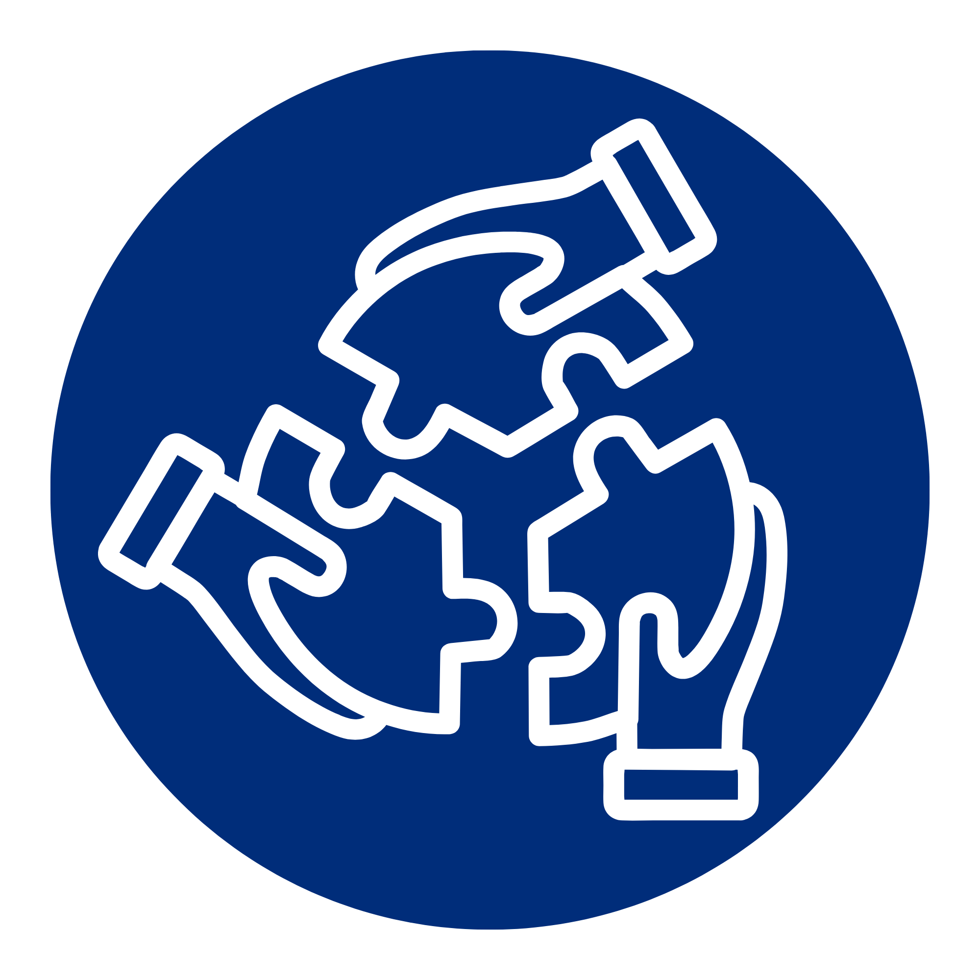 Logo of an insurance company with a blue circle background, featuring a white outline of a handshake inside.