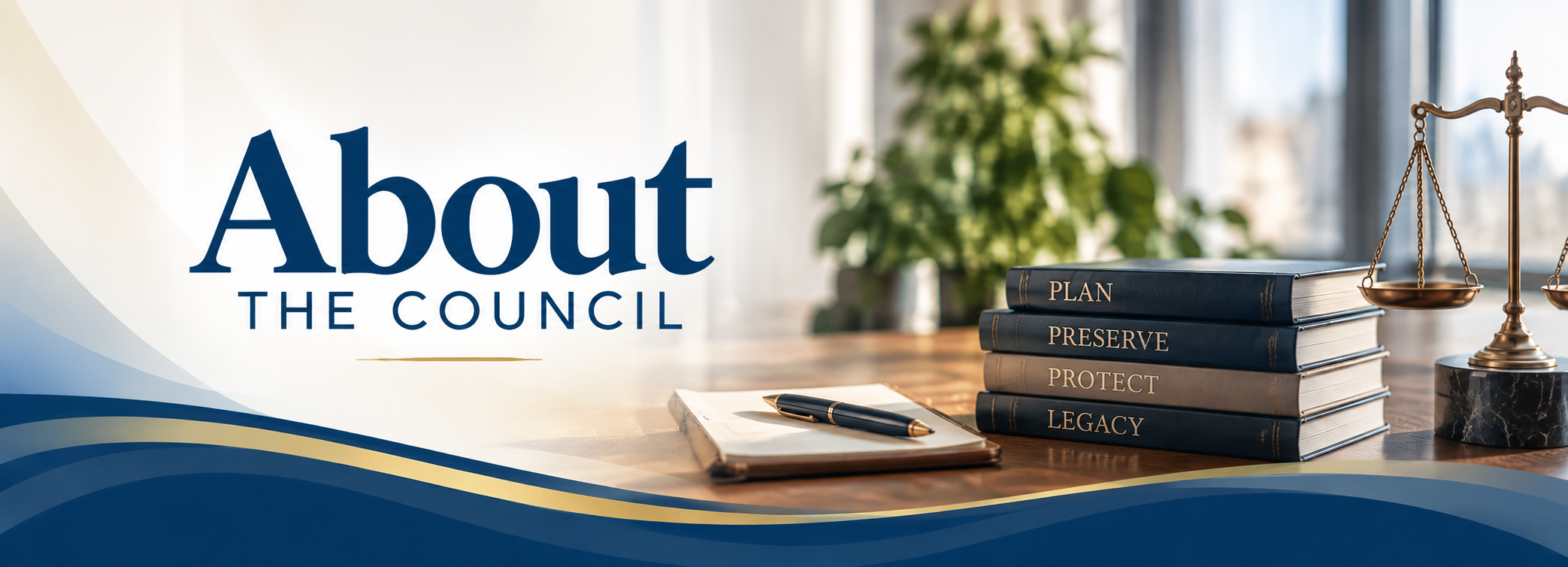 A digital image showing a desk with a scale of justice, a stack of books labeled 'Plan,' 'Preserve,' 'Protect,' and 'Legacy,' a pen and notepad, and a large window with a green plant outside. The left side features text that reads 'About the Council.'
