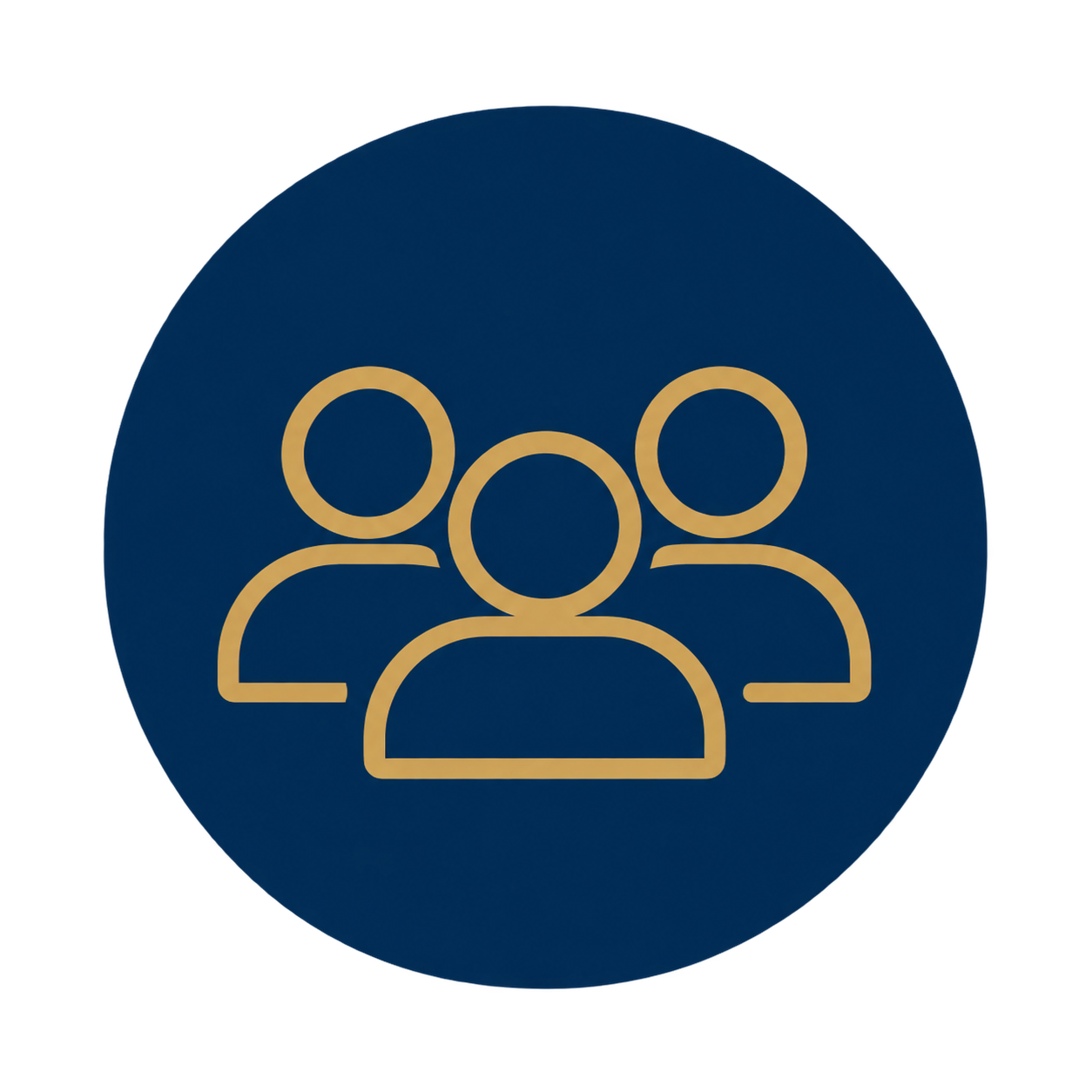 Icon of three people in gold lines on a dark blue circular background, representing a group or community.