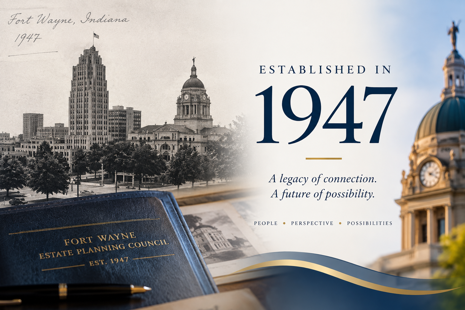 A promotional display for Fort Wayne, Indiana, established in 1947. The display features a historic black and white photo of the Fort Wayne cityscape with prominent buildings, and a modern-colored section with the date, tagline, and symbols related to the city's legacy and possibilities. In the foreground, there is a blue leather notebook with gold text and a pen.