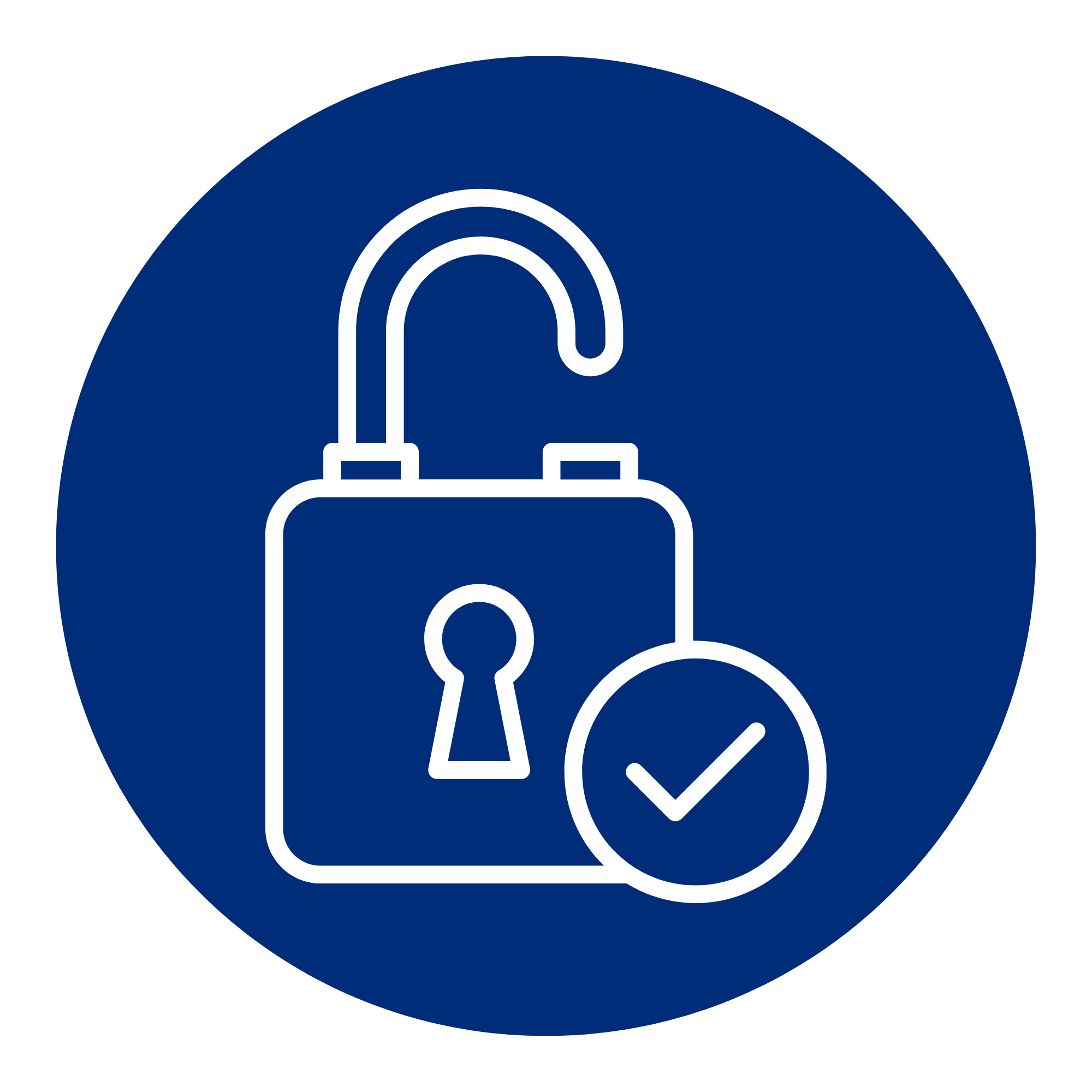 Icon of a security badge with a magnifying glass over a fingerprint inside a blue circle.