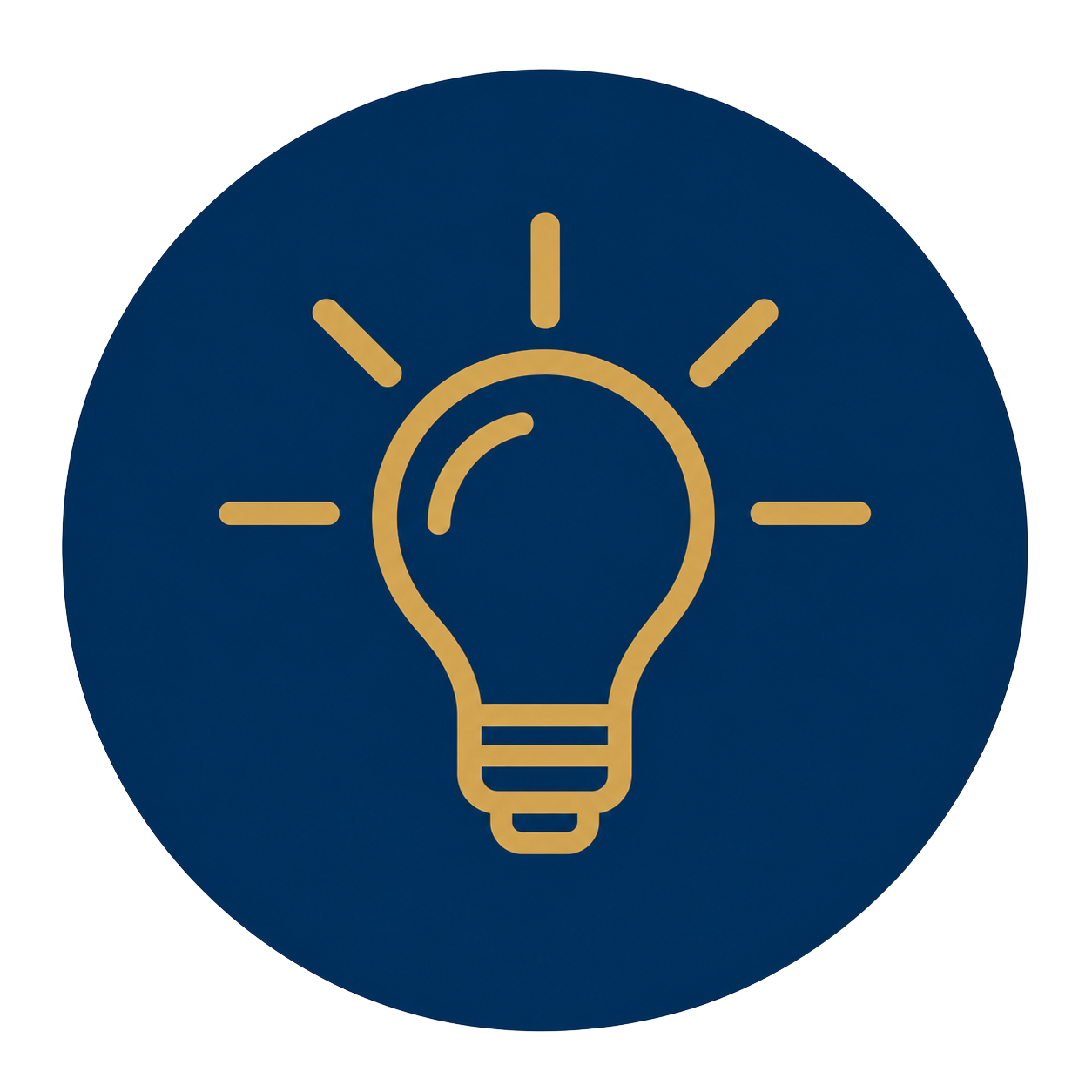 Icon of a light bulb in a dark blue circle with radiating lines, representing an idea or innovation.