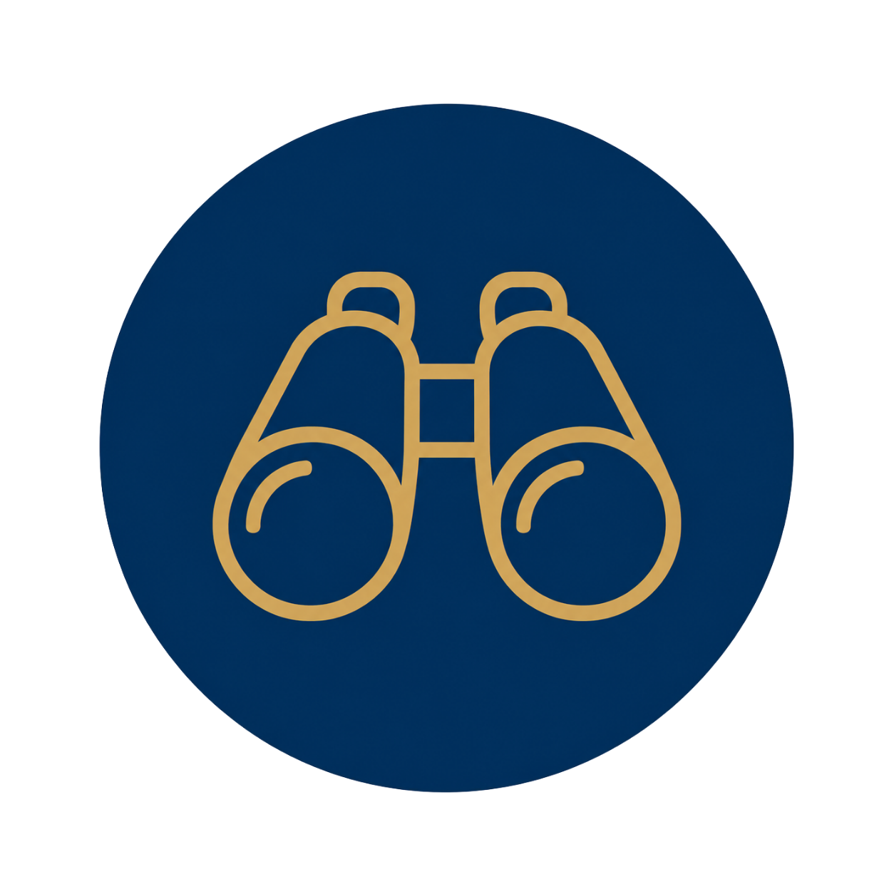 Icon of binoculars on a dark blue circular background.