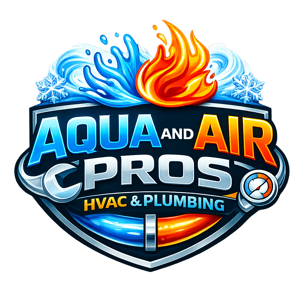 Logo for Aqua and Air Pro's HVAC & Plumbing with ice, fire, and snowflake graphics.