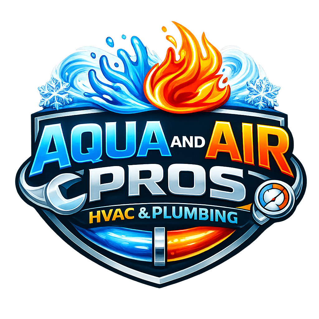 Logo for Aqua and Air Pros, HVAC and Plumbing company, featuring water, fire, snowflakes, and a gauge.