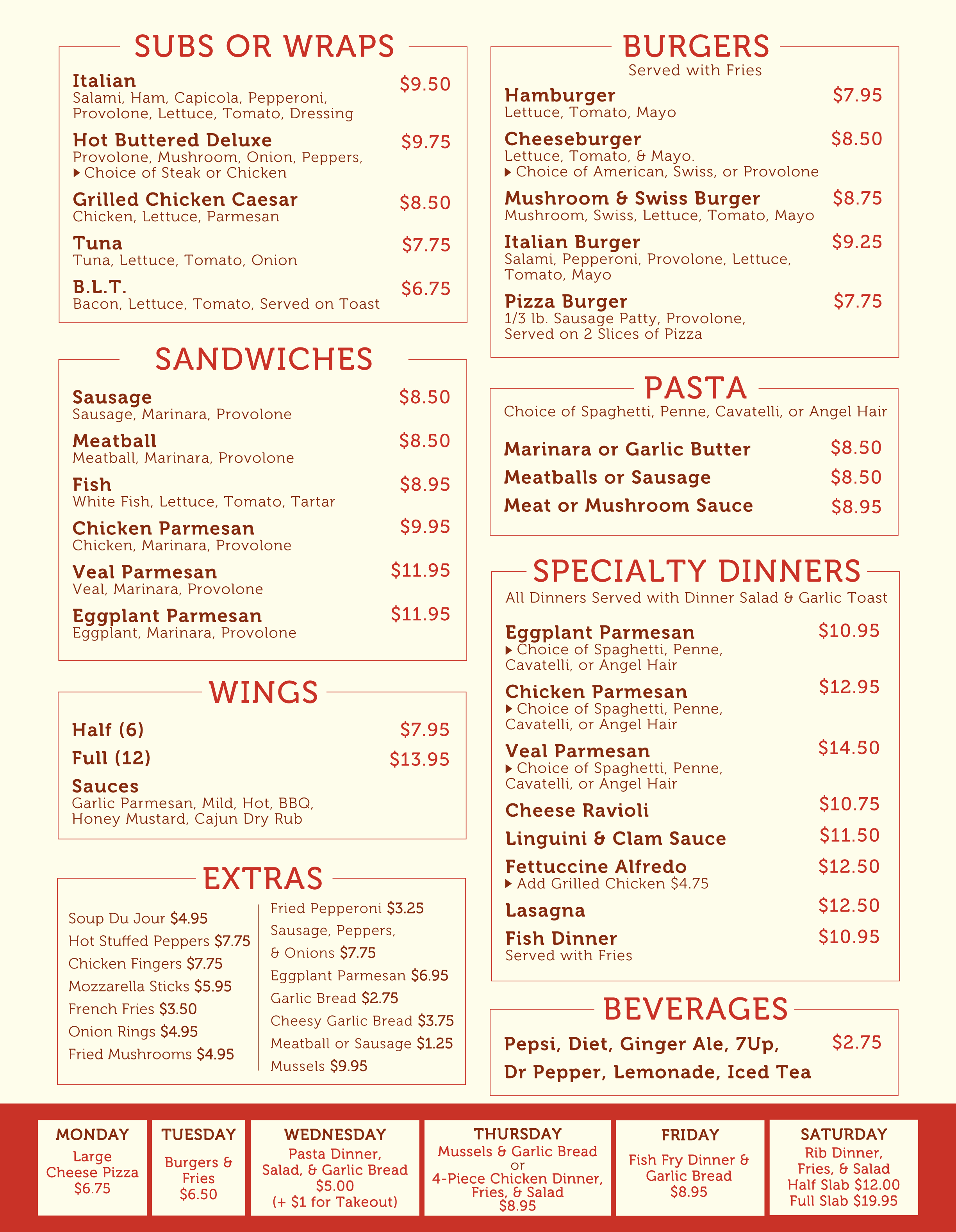 A menu listing various food items including subs, wraps, burgers, sandwiches, pasta, wings, specials, extras, beverages, and daily specials, with prices for each dish.