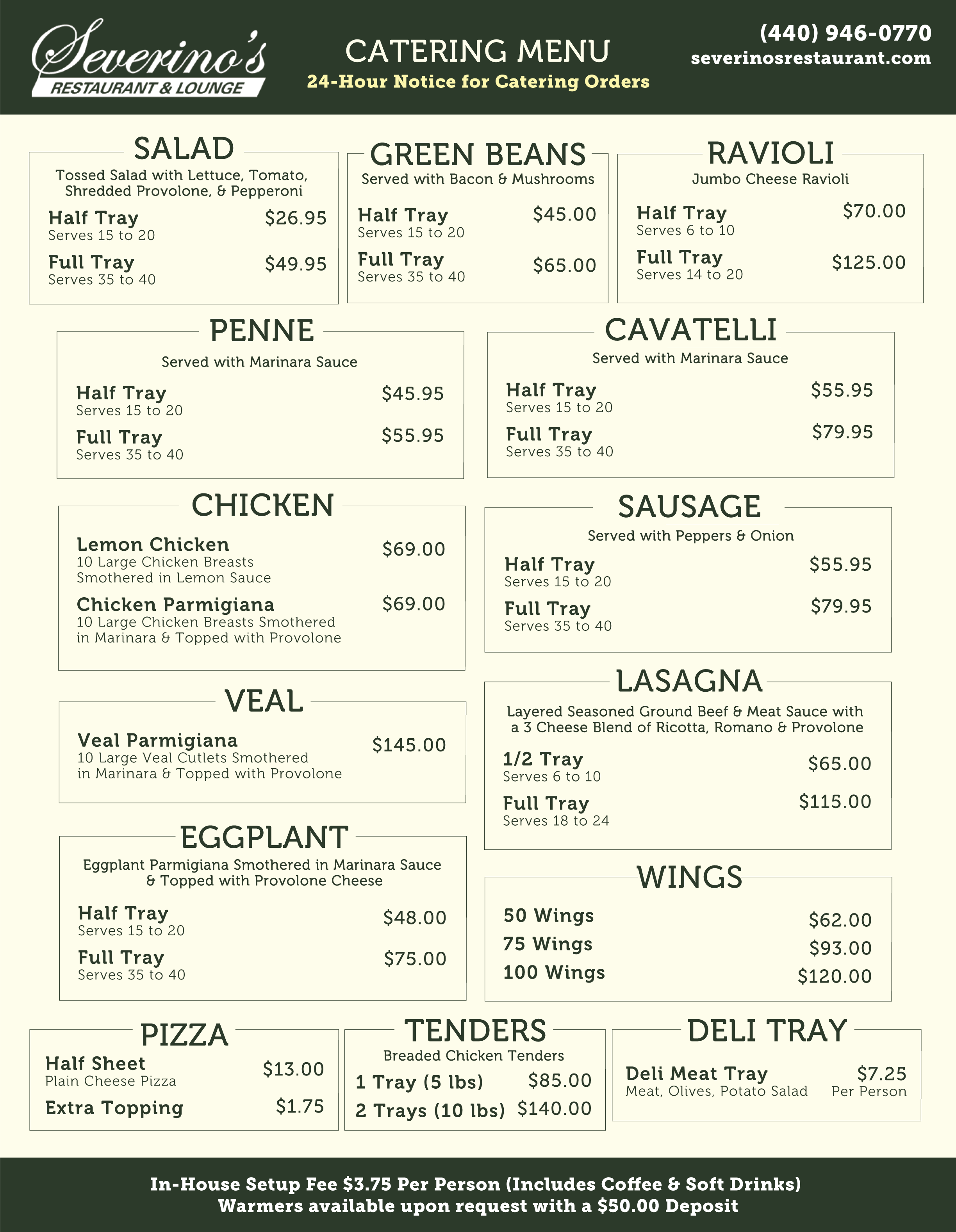 Las Vegas Catering Menu from Severino's Restaurant & Lounge, featuring sections for salads, green beans, ravioli, penne, cavatelli, chicken, sausage, veal, eggplant, Wings, pizza, tenders, and deli trays, with prices, serving sizes, and descriptions.