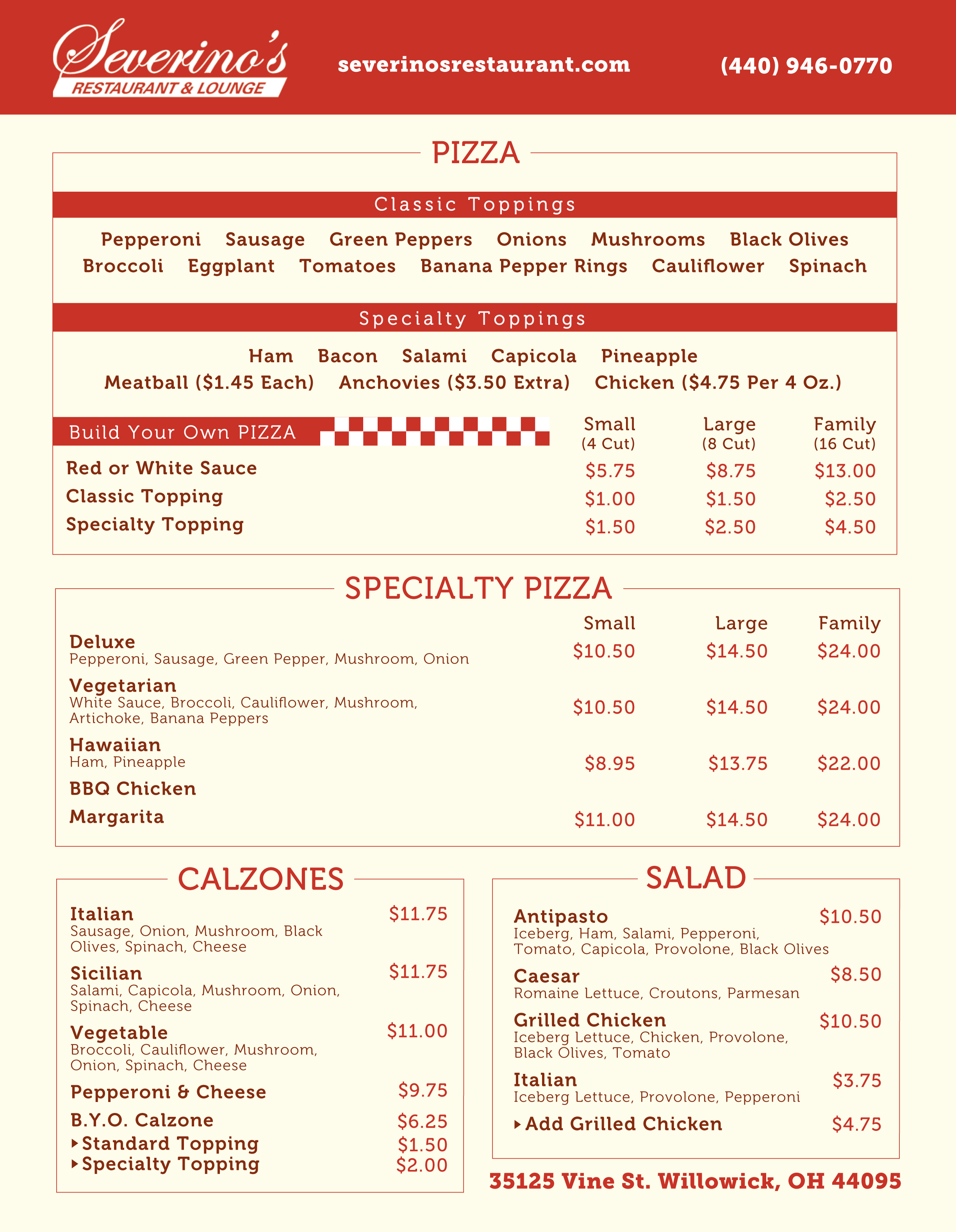 Menu for Severino's Restaurant and Lounge featuring a selection of pizzas, calzones, and salads with pricing details.