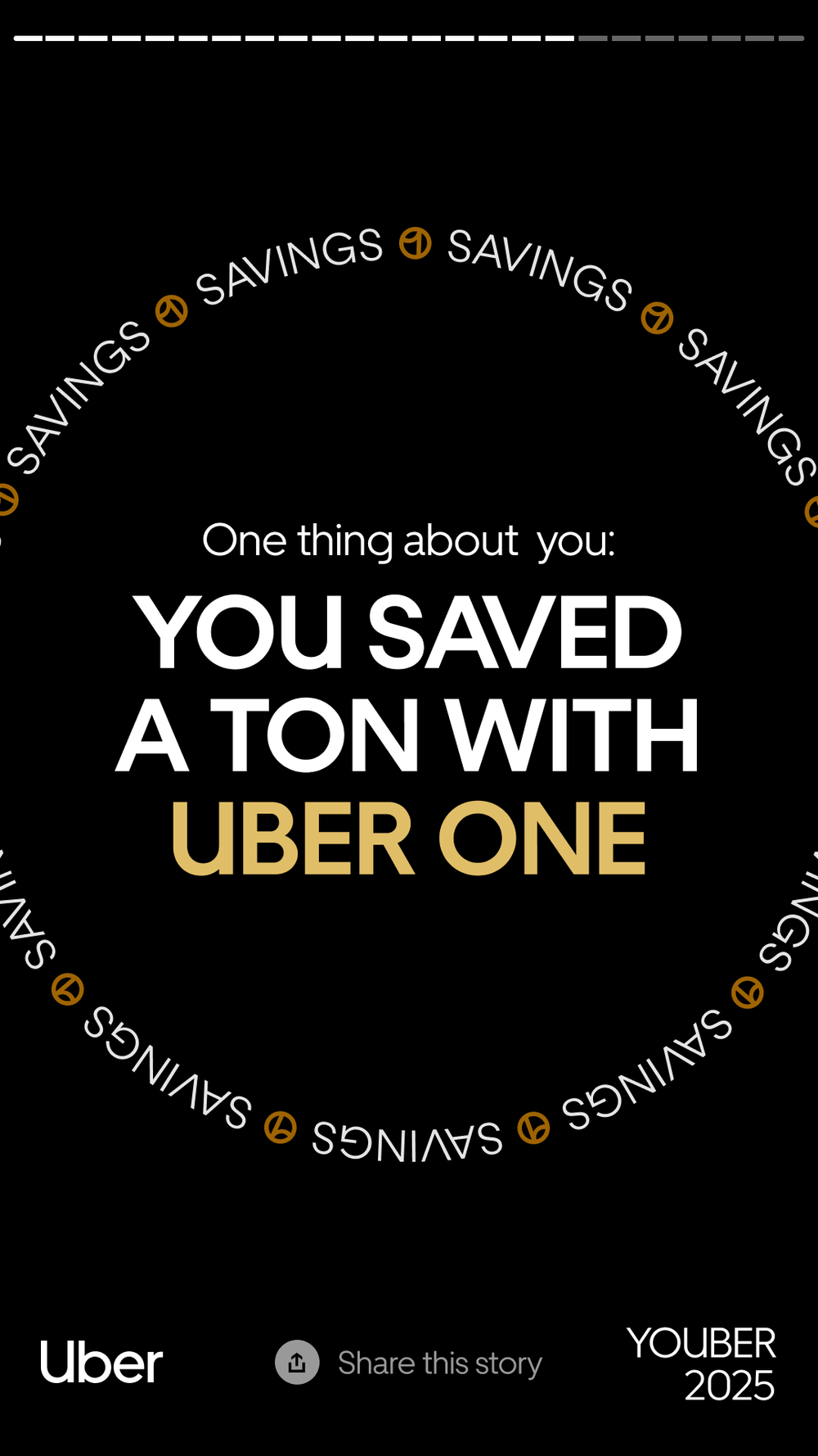 Celebratory graphic praising Uber One for saving a ton of money, with repeated 'SAVINGS' and a peace symbol in a circle around the text, against a black background.