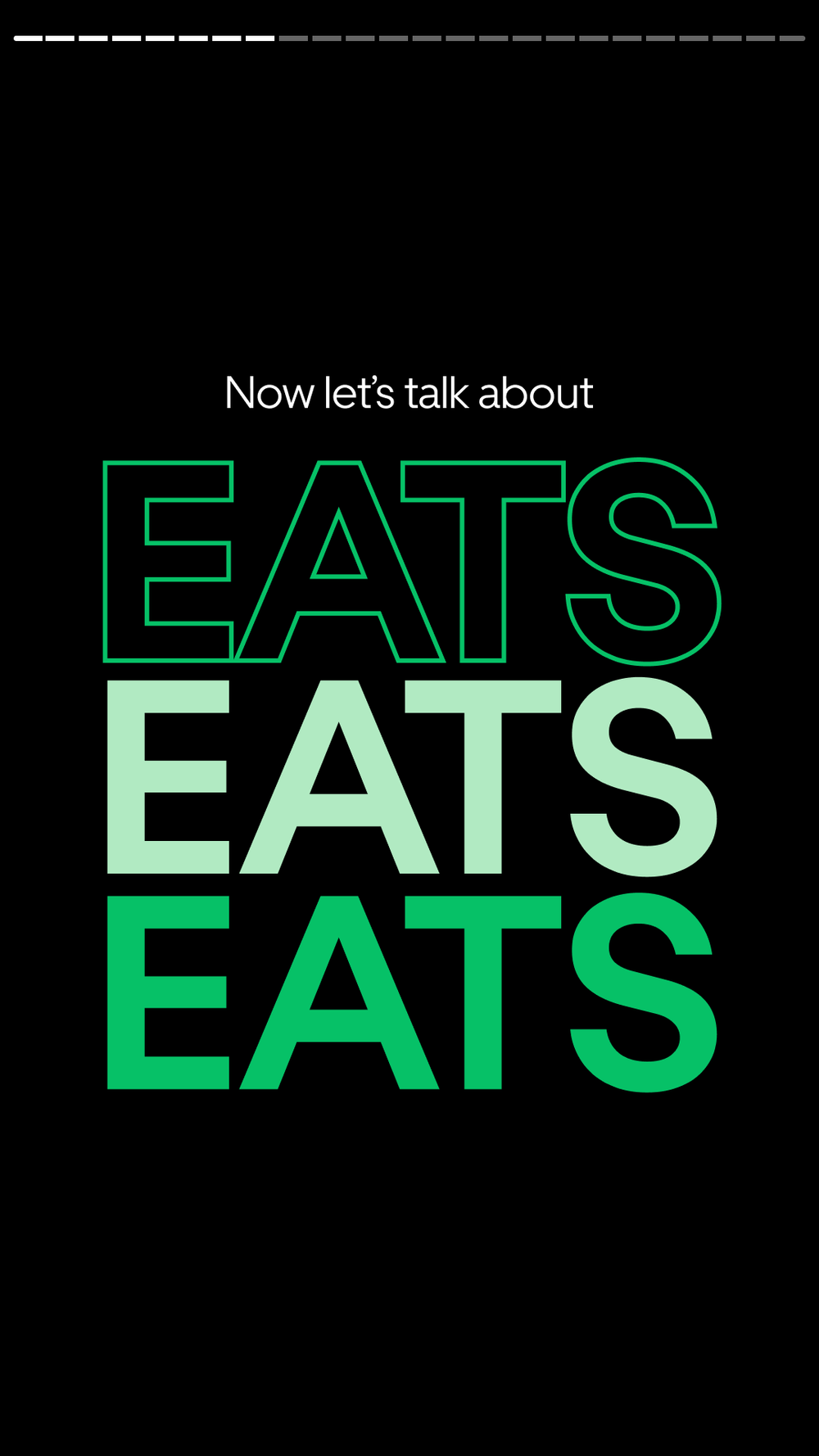 Poster with the text 'Now let's talk about EATS' and three large, colorful words 'EATS' in different styles and shades of green on a black background.