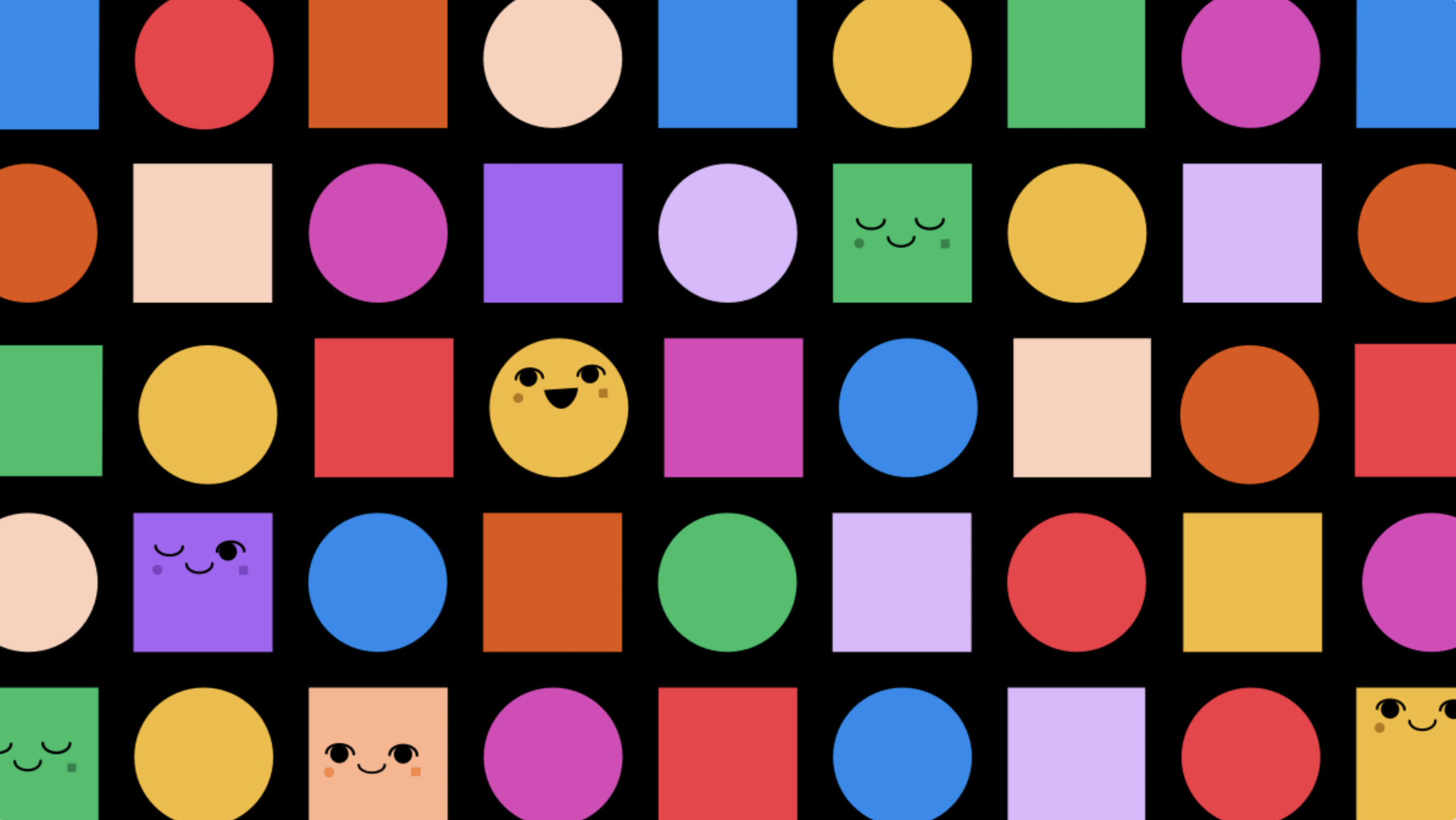Colorful geometric pattern of circles and squares with smiling and winking faces against a black background.