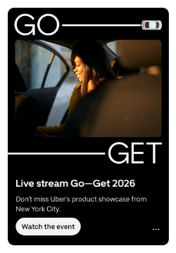 A woman with glasses sitting in a car, smiling and looking out the window during sunset, with promotional text for Uber's live stream event in New York City.