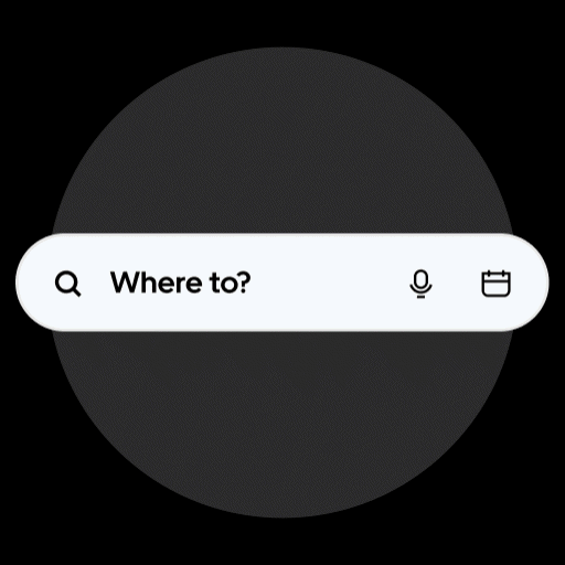 Digital map interface with a search bar labeled 'Where to?', a microphone icon, and a calendar icon on a dark circular background.