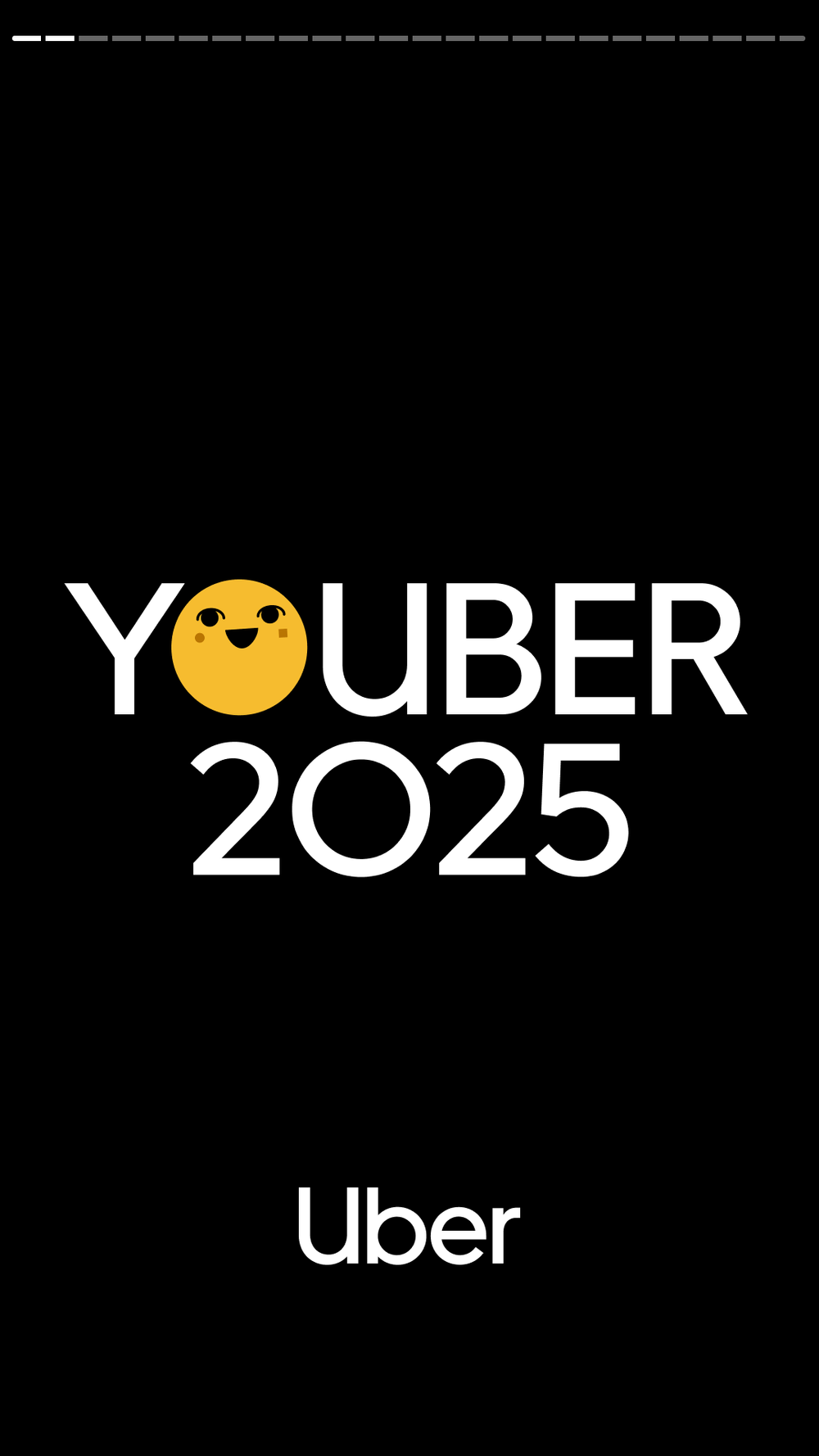 Uber 2025 promotion graphic featuring a smiling, yellow emoticon face replacing the letter 'O' in 'YOUR', set against a black background.