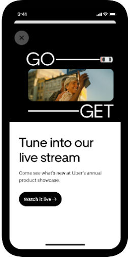 Mobile phone screen displaying a promotional Uber app section with a woman smiling and a toggle switch, with text about tuning into a live stream and a button to watch live.