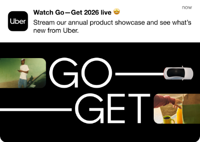 Advertisement for Uber's 2026 product showcase, featuring a person on a bicycle, the Uber logo, and a yellow container with a red handle.