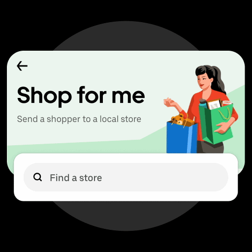 Mobile app interface for shopping, with a woman holding shopping bags and a search bar labeled 'Find a store'.