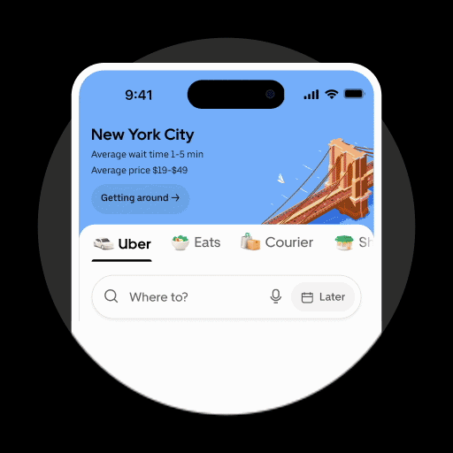 Smartphone screen showing a ride-hailing app in New York City with options for Uber, Eats, Courier, and Shuttle, and a search bar for destination.