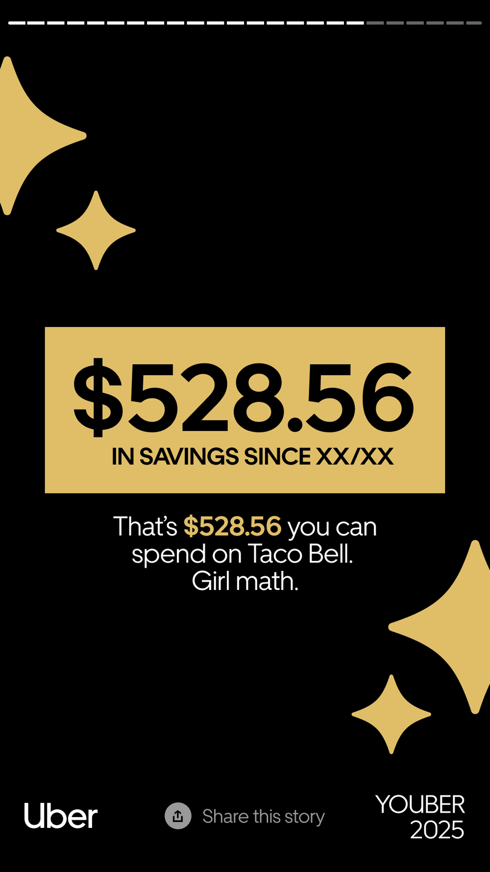 Uber advertisement showing $528.56 in savings since a certain date, with a note that this amount is what you can spend on Taco Bell, with golden star accents on a black background.
