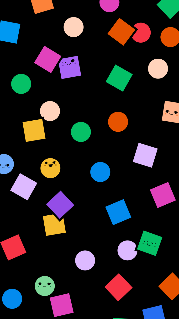 Colorful animated shapes with smiling faces falling on a black background.