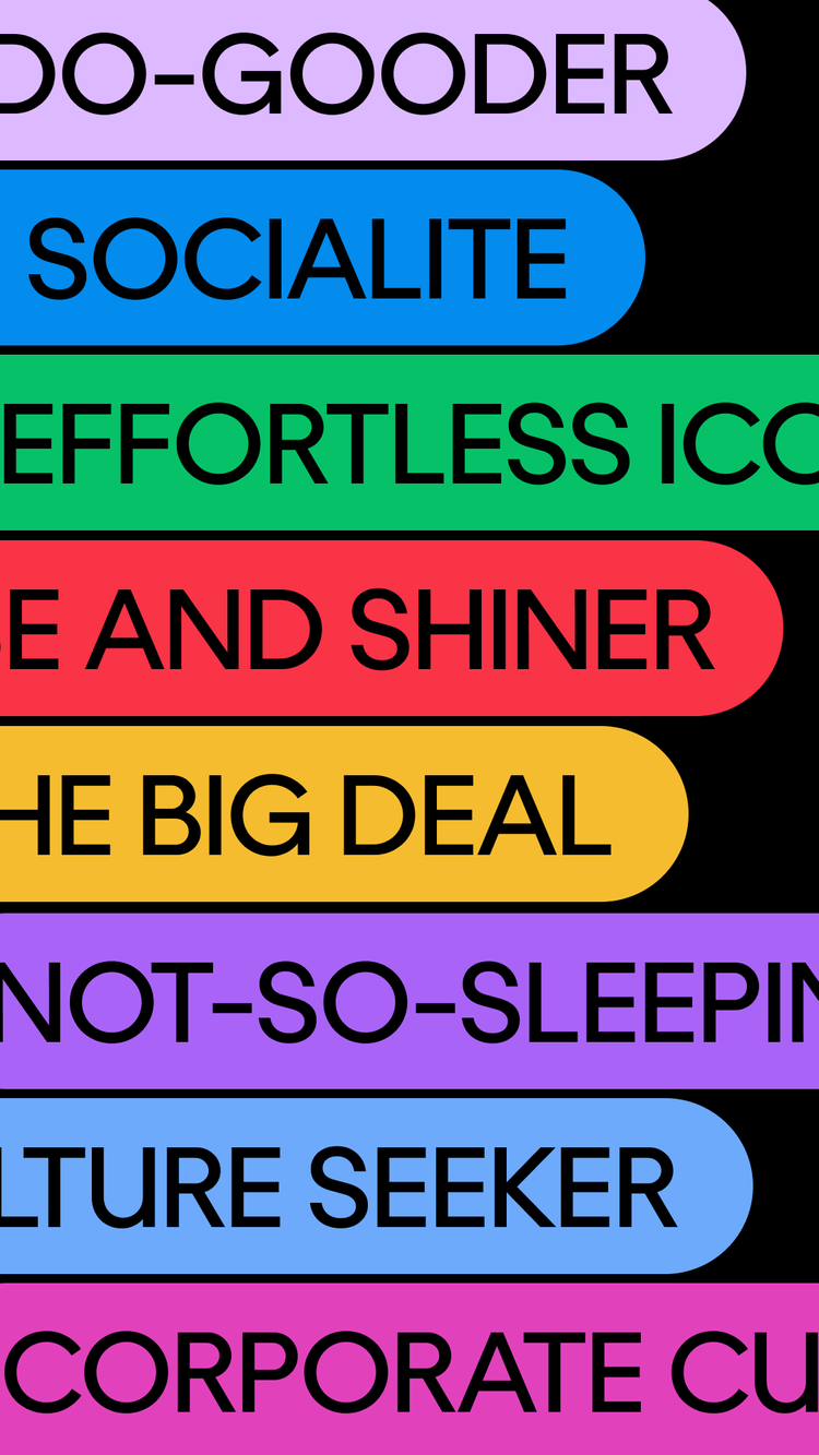 Colorful list of phrases with different background colors and black text.
