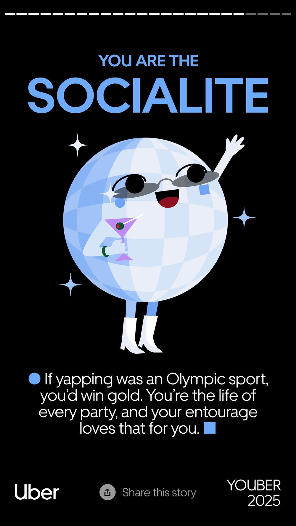 A cartoon moon with sunglasses, high heels, and a cocktail in hand, celebrating and waving. The background is black with white and blue stars, with text indicating a celebratory message about being social and loved.