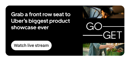 Advertisement for Uber with a woman getting into a car and a person handing a ride card, promoting Uber's product showcase and live stream.