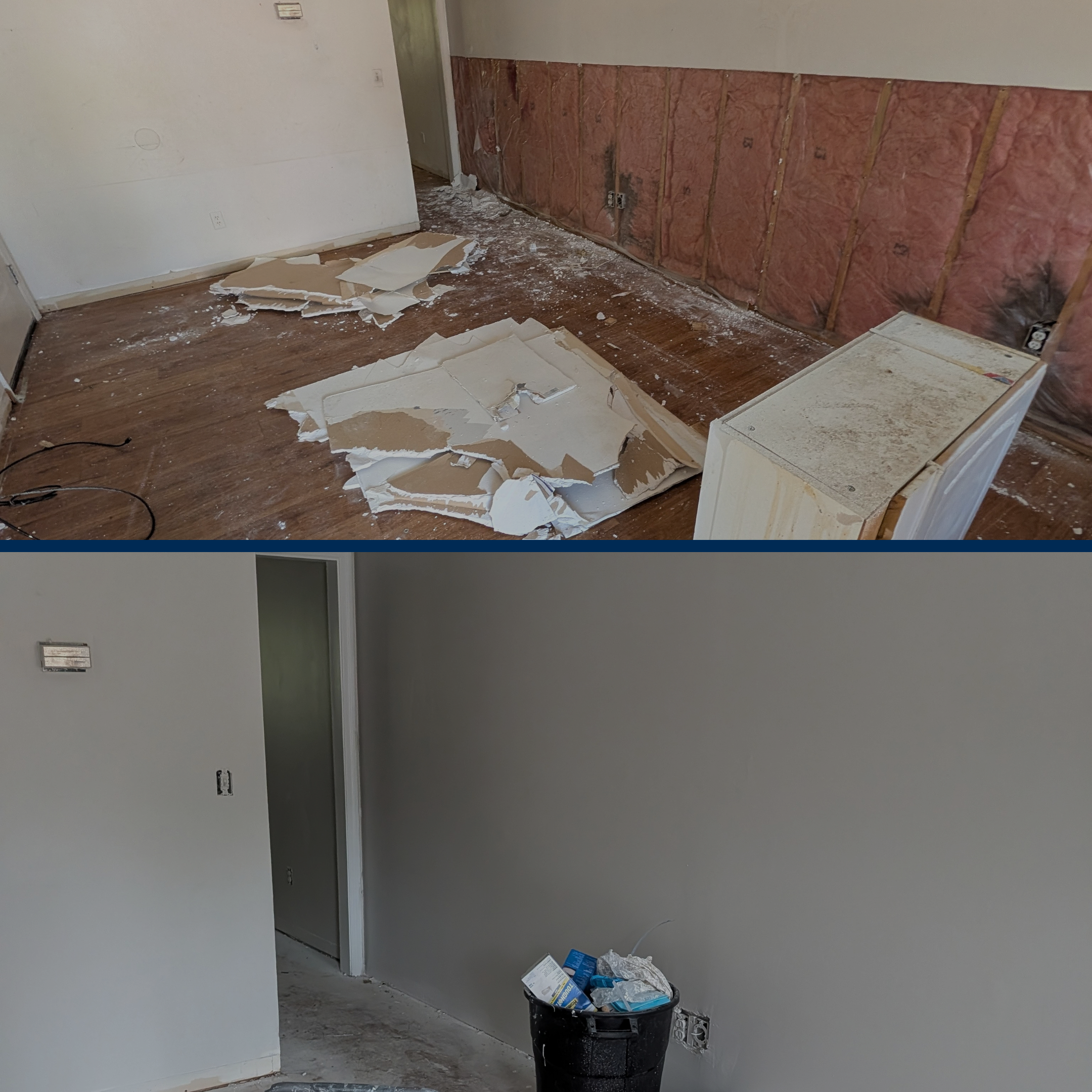 Room under renovation with exposed insulation on the wall, construction debris on the floor, and a black trash can filled with construction materials.