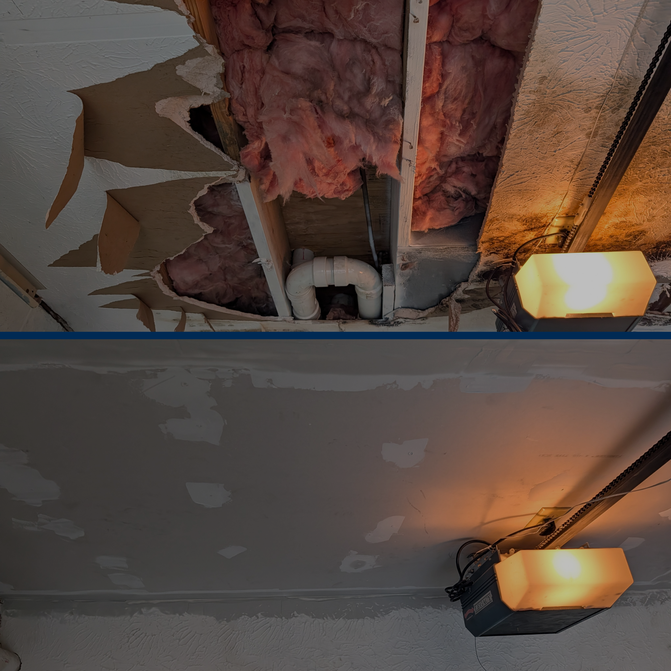Ceiling with exposed pink insulation and partial drywall torn away, showing pipes and electrical wiring, illuminated by a lamp in the lower right corner.