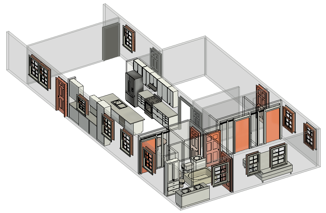 3D floor plan of a house interior showing windows, doors, kitchen with appliances, living room, and bathroom fixtures.