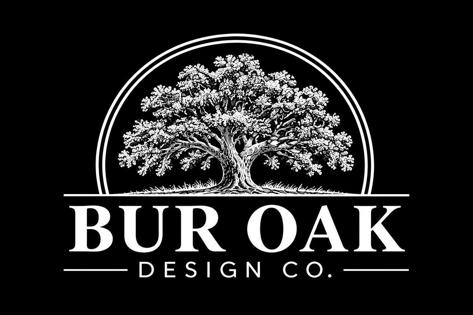 A logo with a detailed illustration of an oak tree inside a circle, and the text 'Bur Oak Design Co.' below it on a black background.