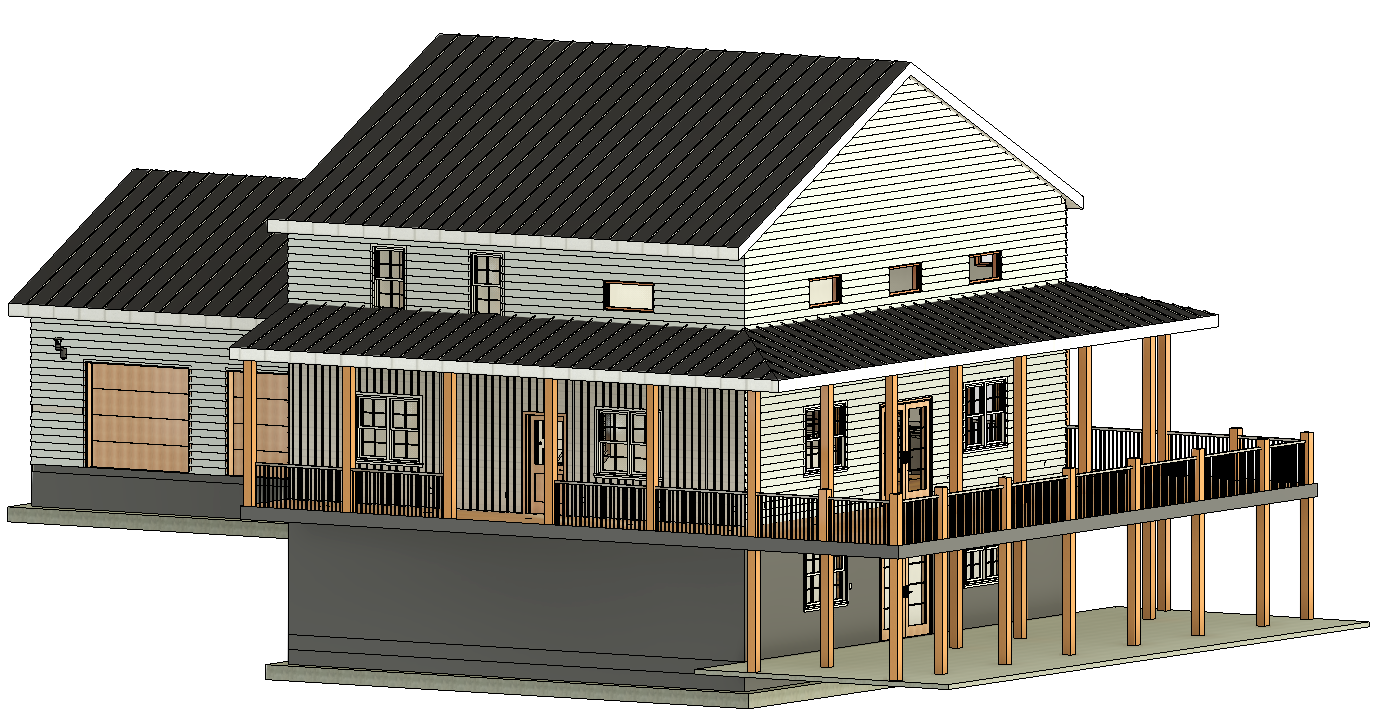 3D Revit model of a new residential home with covered porch, deck, walkout basement, and attached garage.