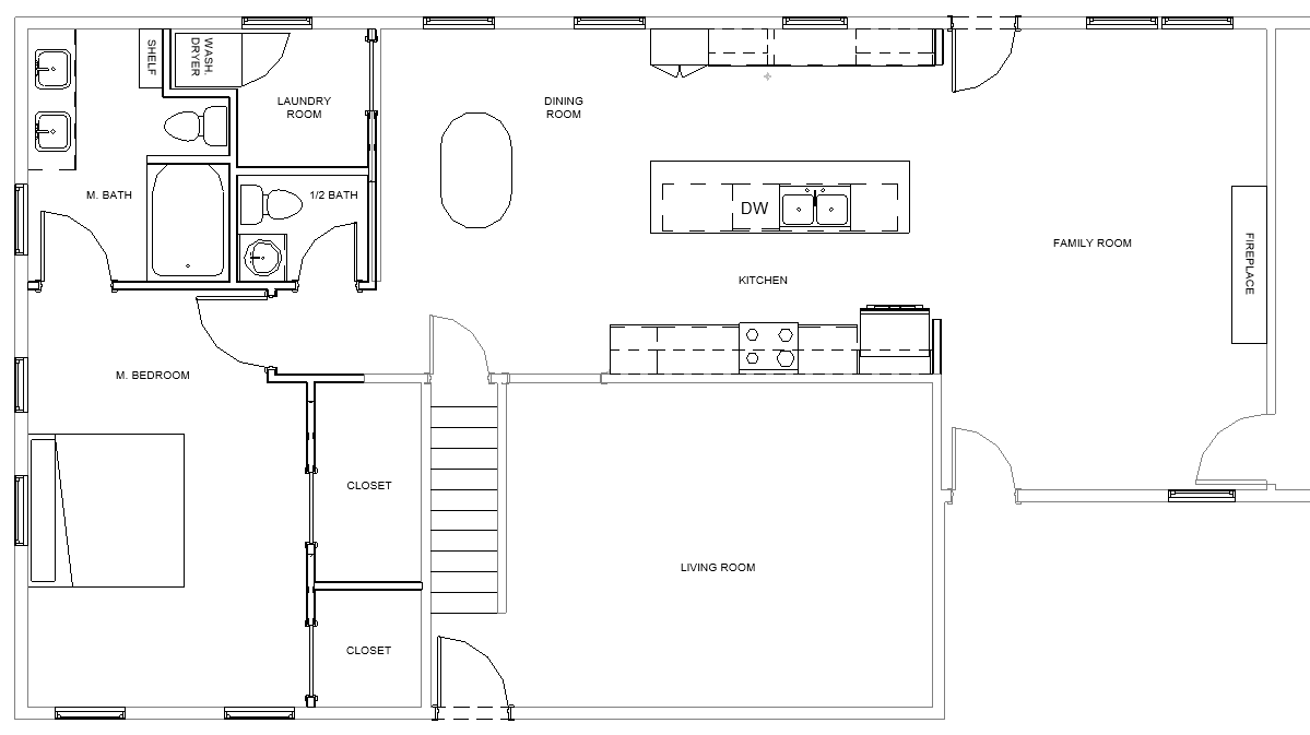 Proposed residential interior remodel floor plan showing an open kitchen, dining and family room, primary suite, living room, laundry and half bath.
