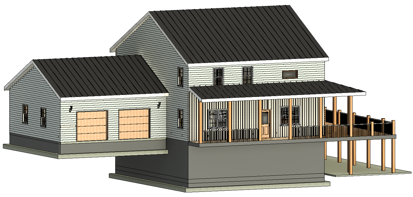 A digital rendering of a two-story house with an attached garage, a covered porch with wooden posts, white siding, and a black metal roof.