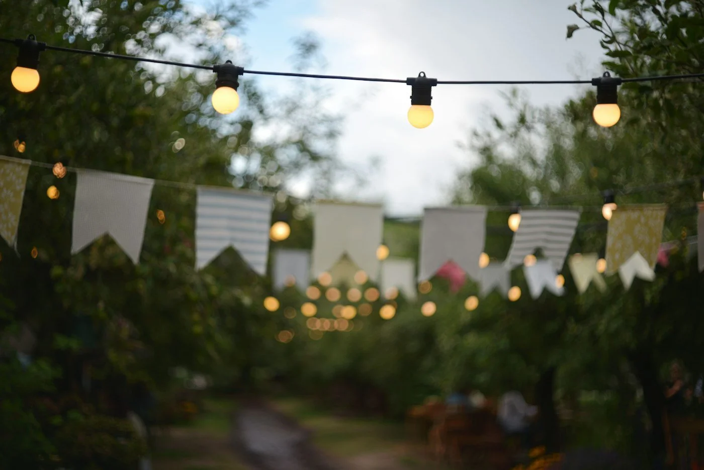 Backyard party with string lights and bunting