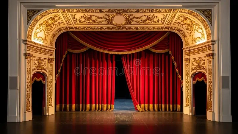 The stage of a theater with red velvet curtains partially open, surrounded by ornate gold and white decorative trim in a classical style.