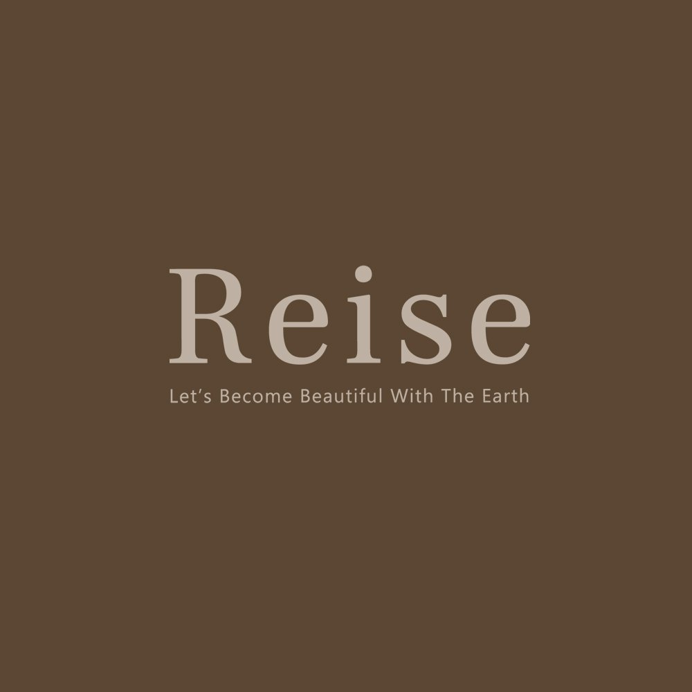 Ceci est une affiche avec un fond marron, contenant le mot 'Reise' et la phrase 'Let's Become Beautiful With The Earth' en dessous.