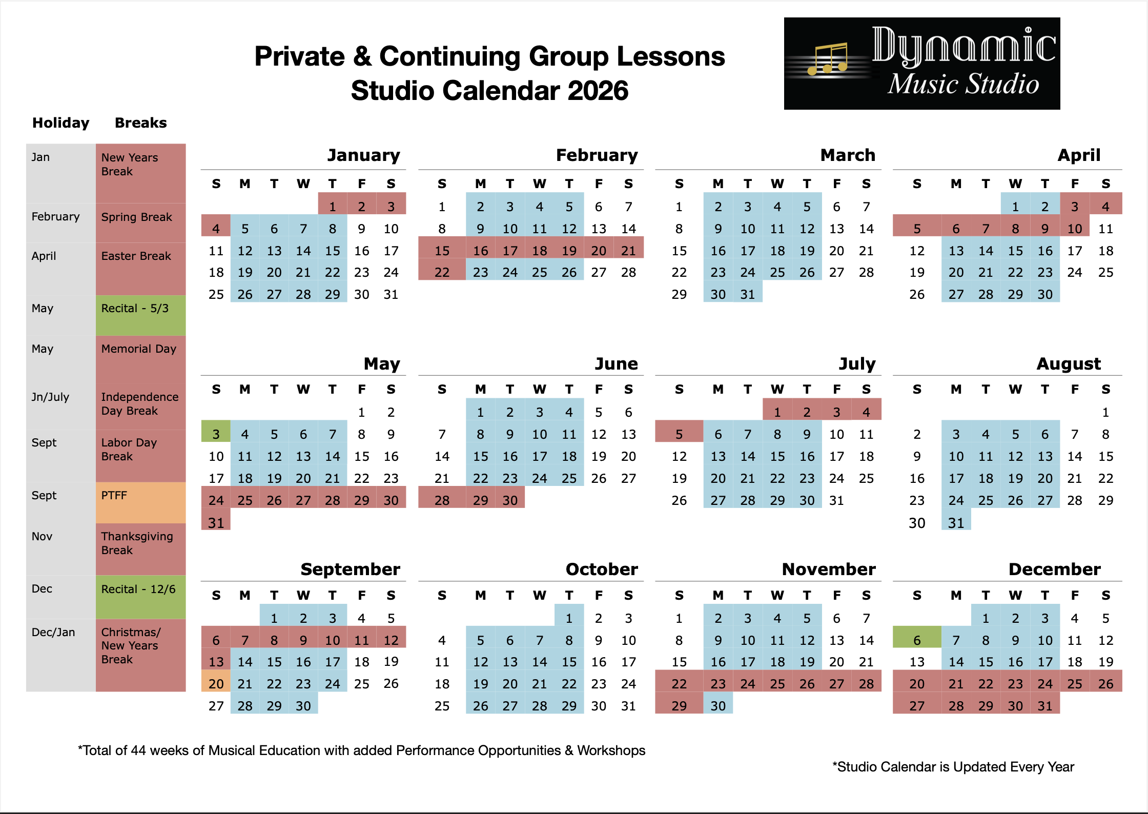 2026 studio calendar — tap to view full size