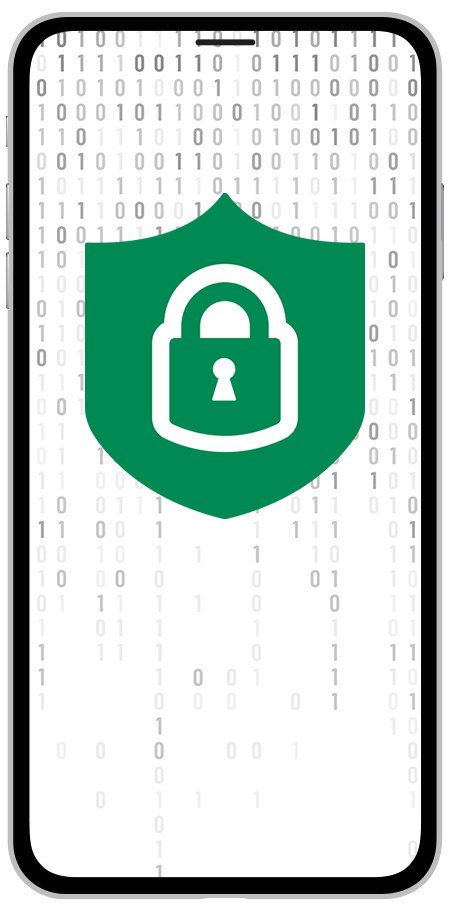 Smartphone screen displaying a green shield with a padlock, digital binary code background.