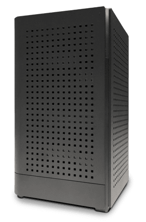 A black computer tower case with ventilation holes on the front and side panels.