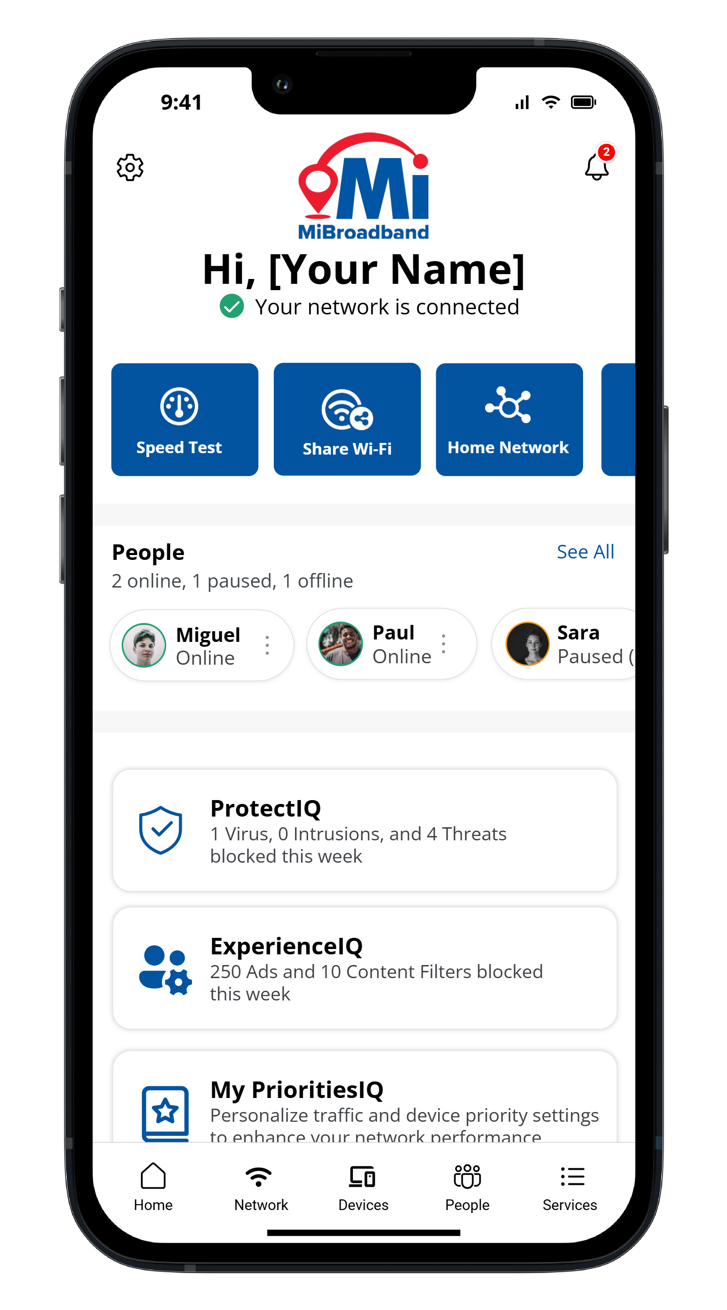 Screenshot of a mobile app interface for MiBroadband showing a welcome message, network connection status, and options for Speed Test, Share Wi-Fi, and Home Network. The app indicates some people are online, paused, and offline, along with various security and filtering features.