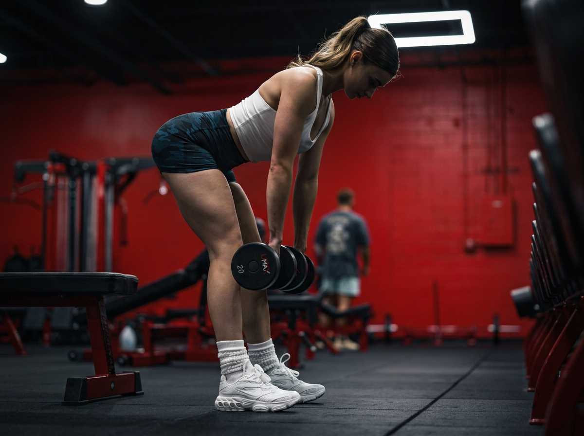 A woman holding dumbbells in a hinged position, ready to perform rows during a Fit with Lisa strength workout.
