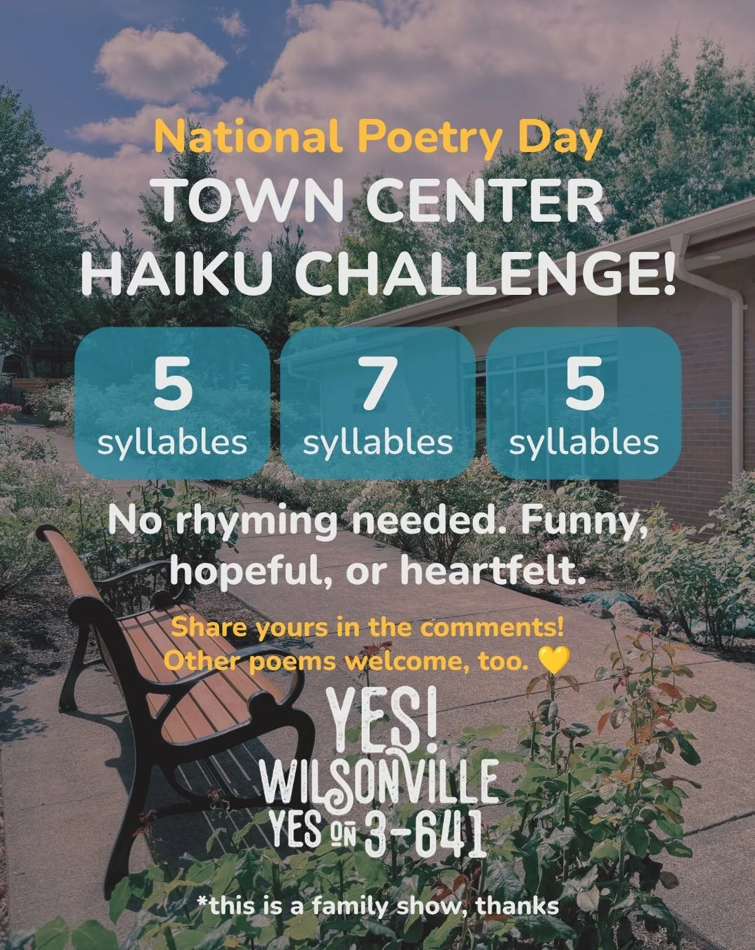 It&rsquo;s National Poetry Day! ✍️

We&rsquo;re inviting Wilsonville residents to get creative and share a little poetry about our Town Center!

Love it? Have ideas for its future? Just want to write about the Safeway parking lot? We&rsquo;re here fo