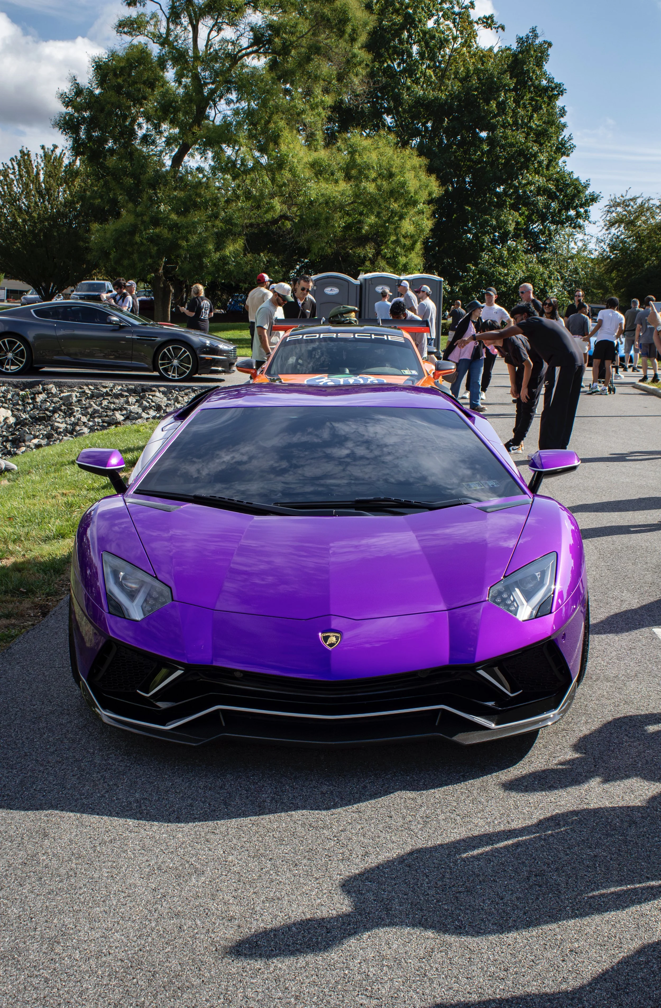 Bright purple Lamborghini sports car in the foreground at a car show, with a black car, people, and greenery in the background.