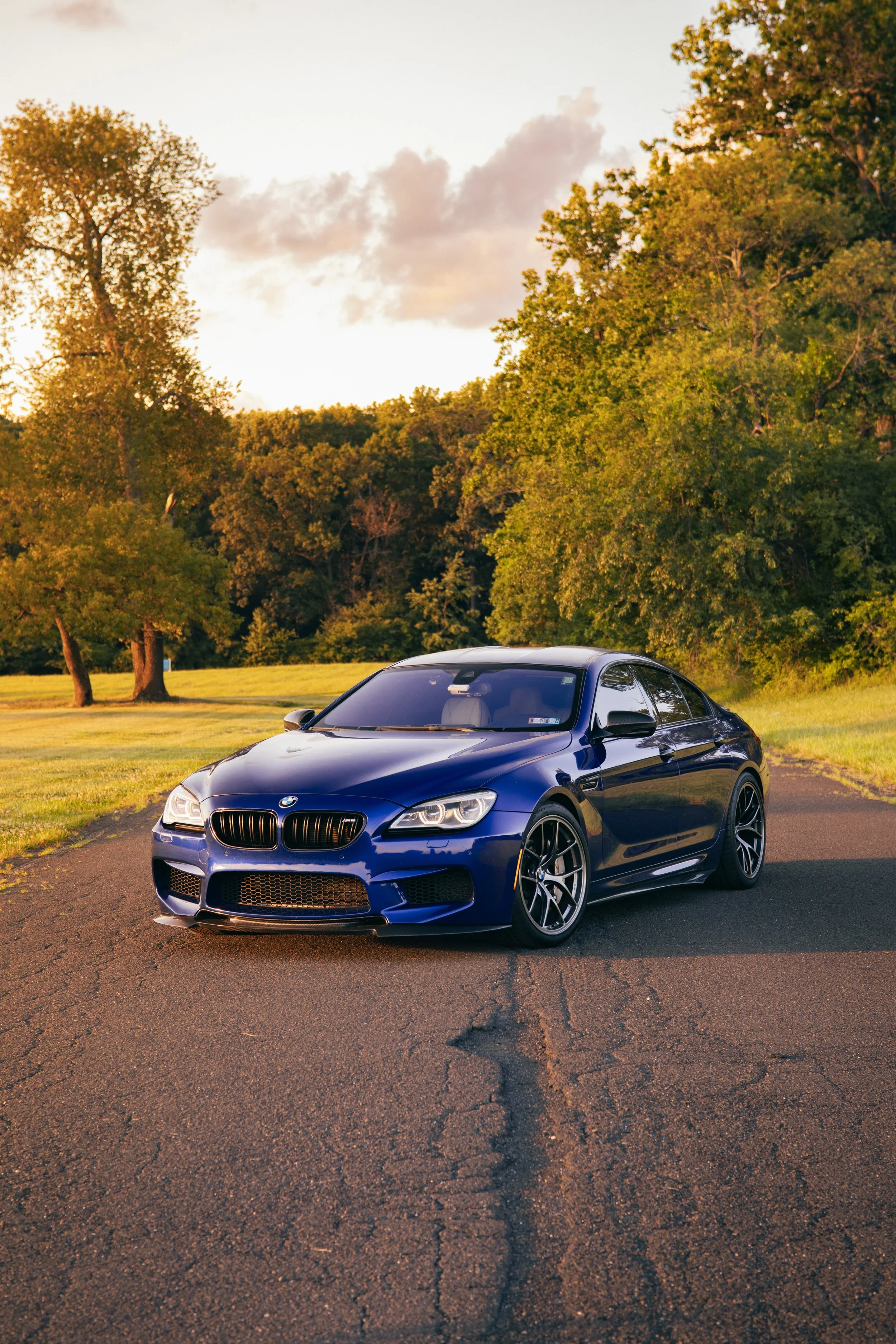 A dark blue BMW coupe parked on a paved road with green trees and a partly cloudy sky in the background, during sunset.