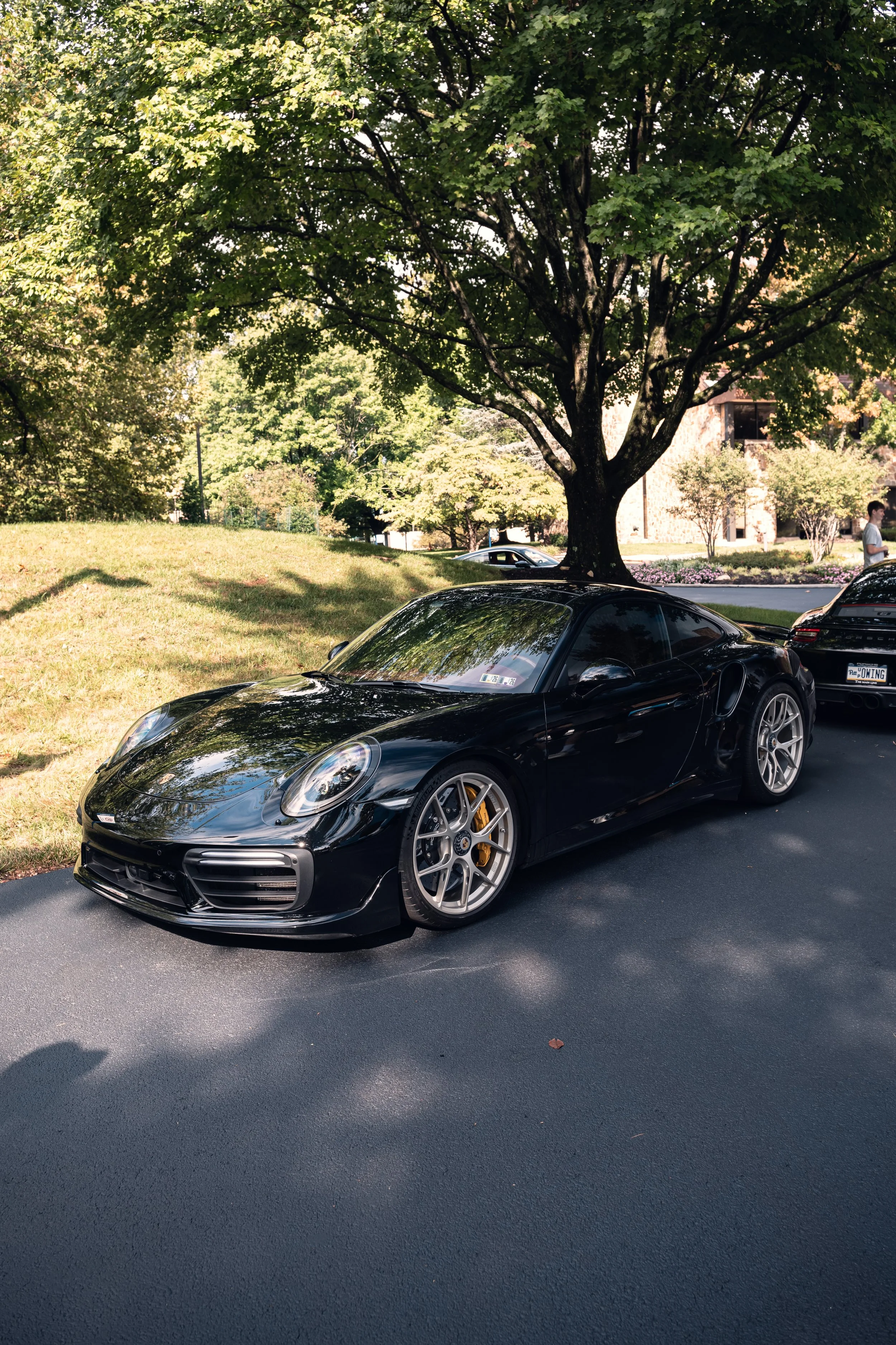 A black sports car parked on a paved road under a large green tree, with other cars and a person walking in the background.