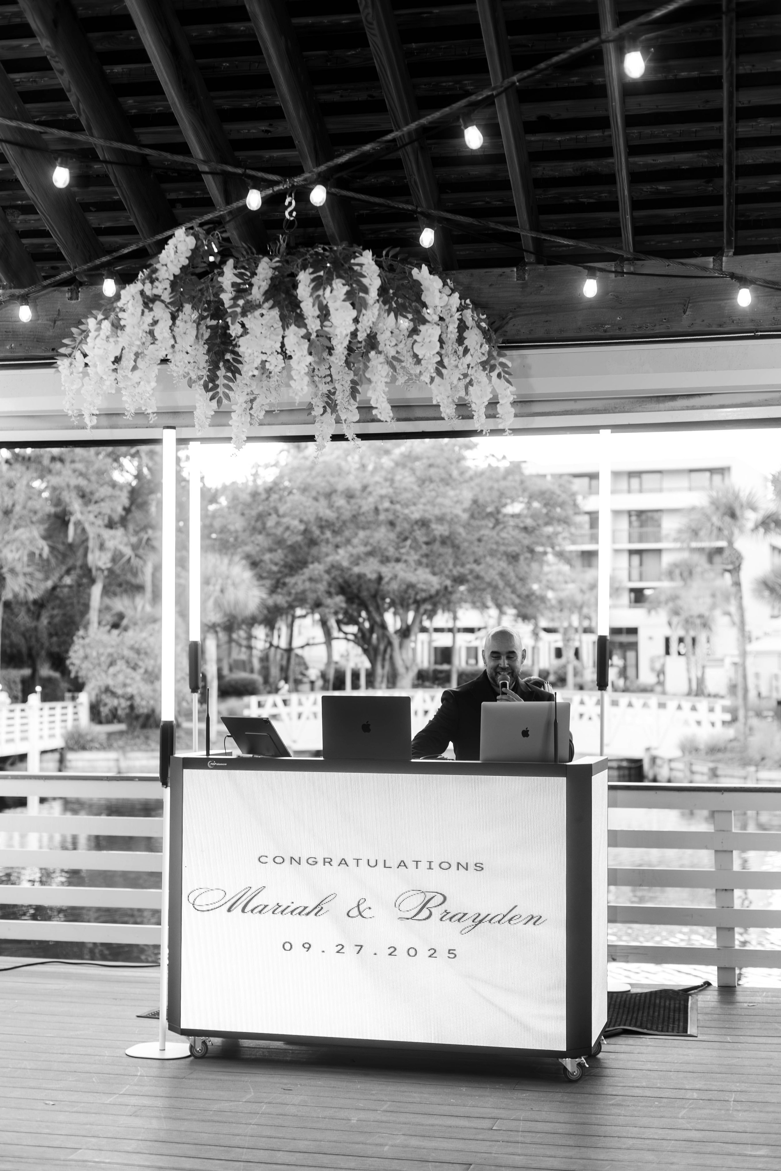 Custom LED DJ booth with personalized graphics at a Savannah Georgia wedding