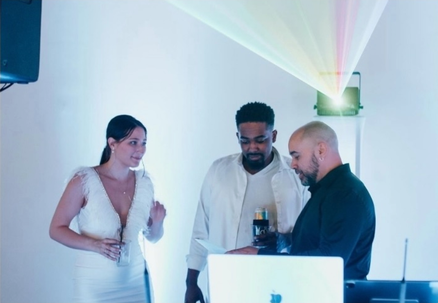 Bride and groom enjoying a personalized entertainment experience with Versamix Music